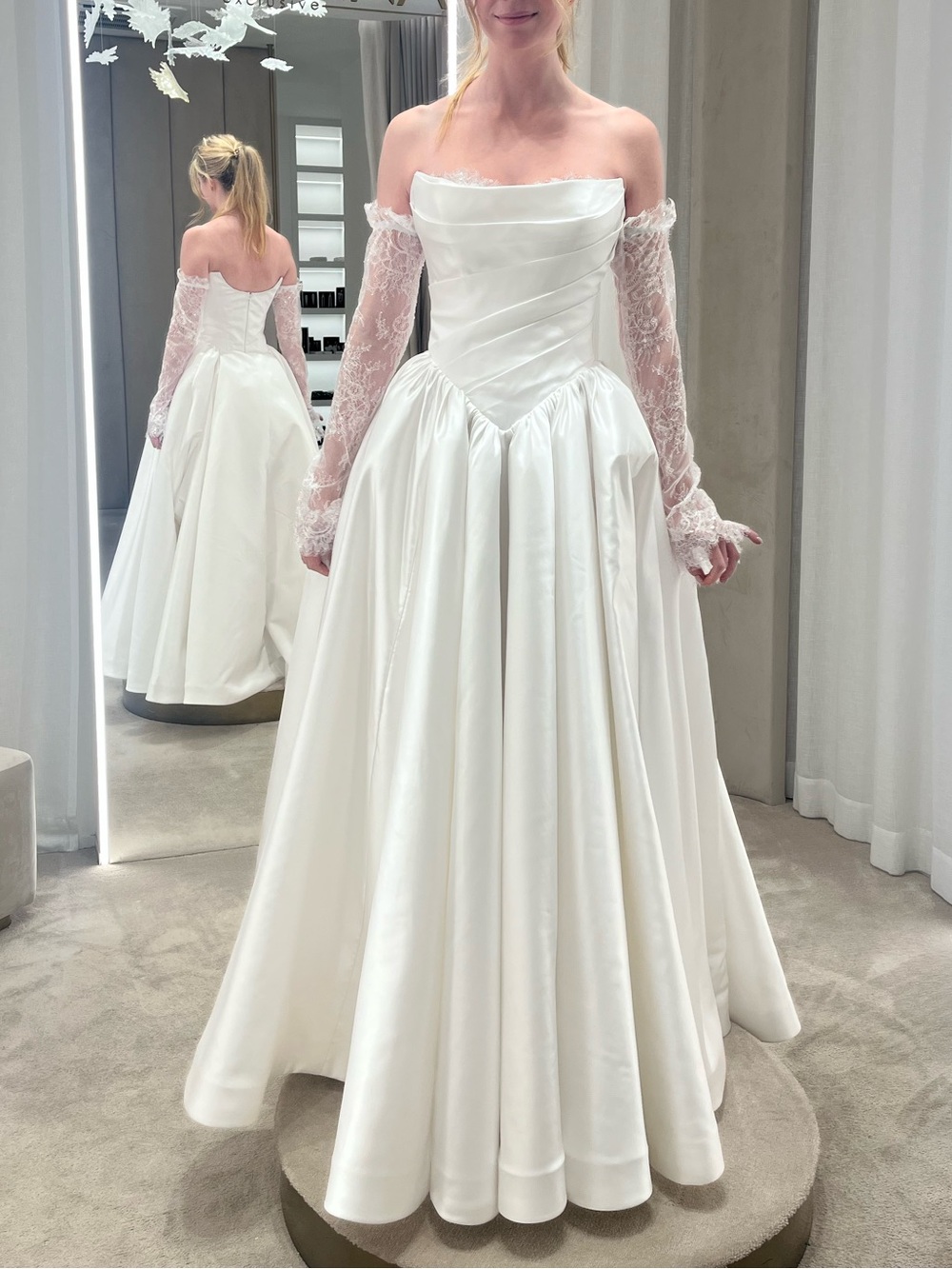 WEDDING SALE Off-Shoulder White Satin Gown Dress with Lace Sleeves